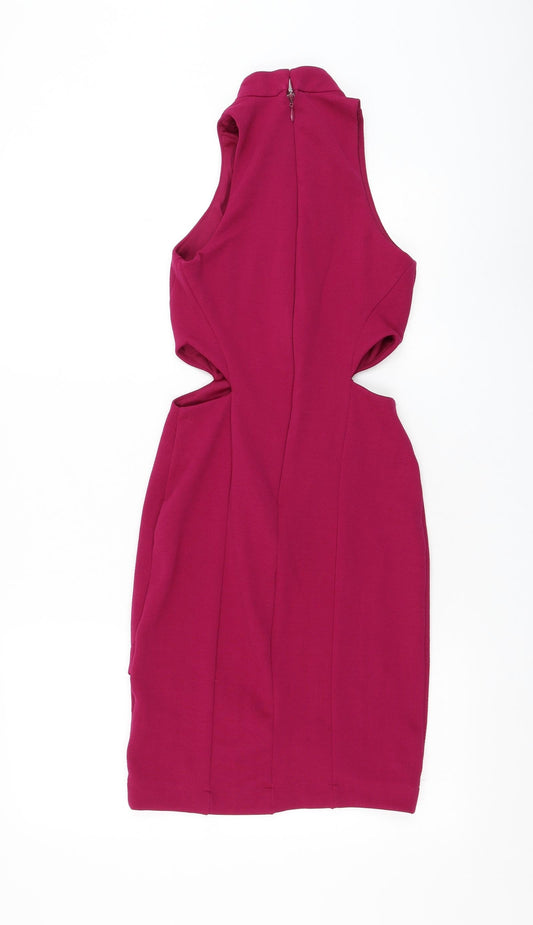 Topshop Womens Purple Polyester Bodycon Size 6 Mock Neck Zip - Cut Out Waist