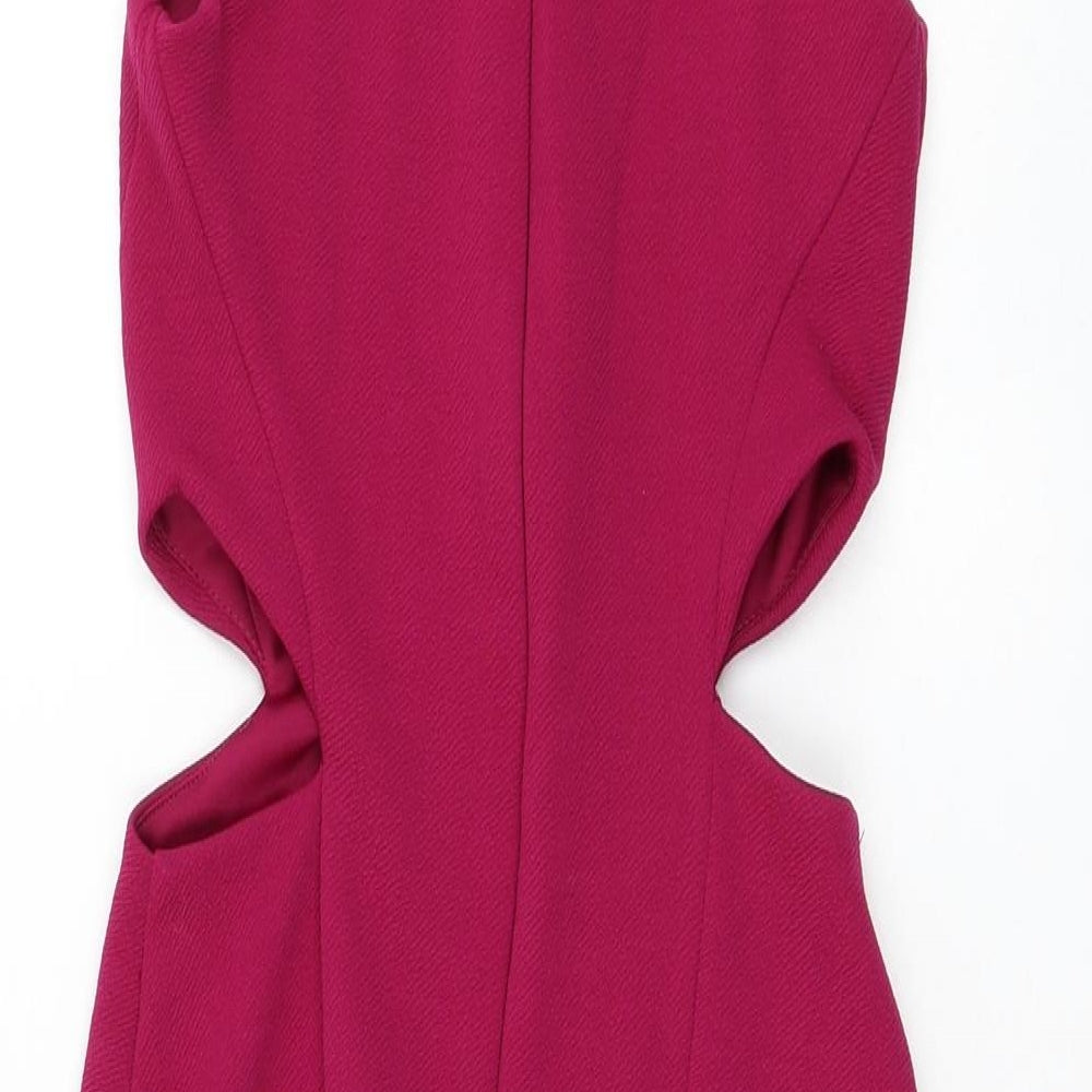 Topshop Womens Purple Polyester Bodycon Size 6 Mock Neck Zip - Cut Out Waist