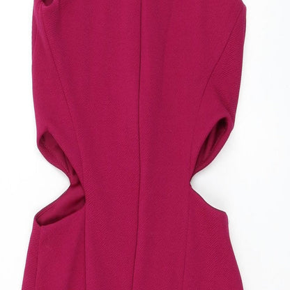 Topshop Womens Purple Polyester Bodycon Size 6 Mock Neck Zip - Cut Out Waist