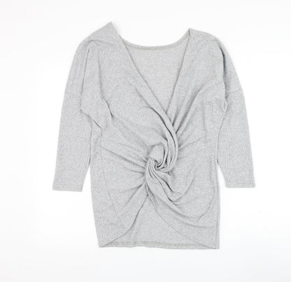 CBR Womens Grey V-Neck Polyester Cardigan Jumper Size S - Knot Front
