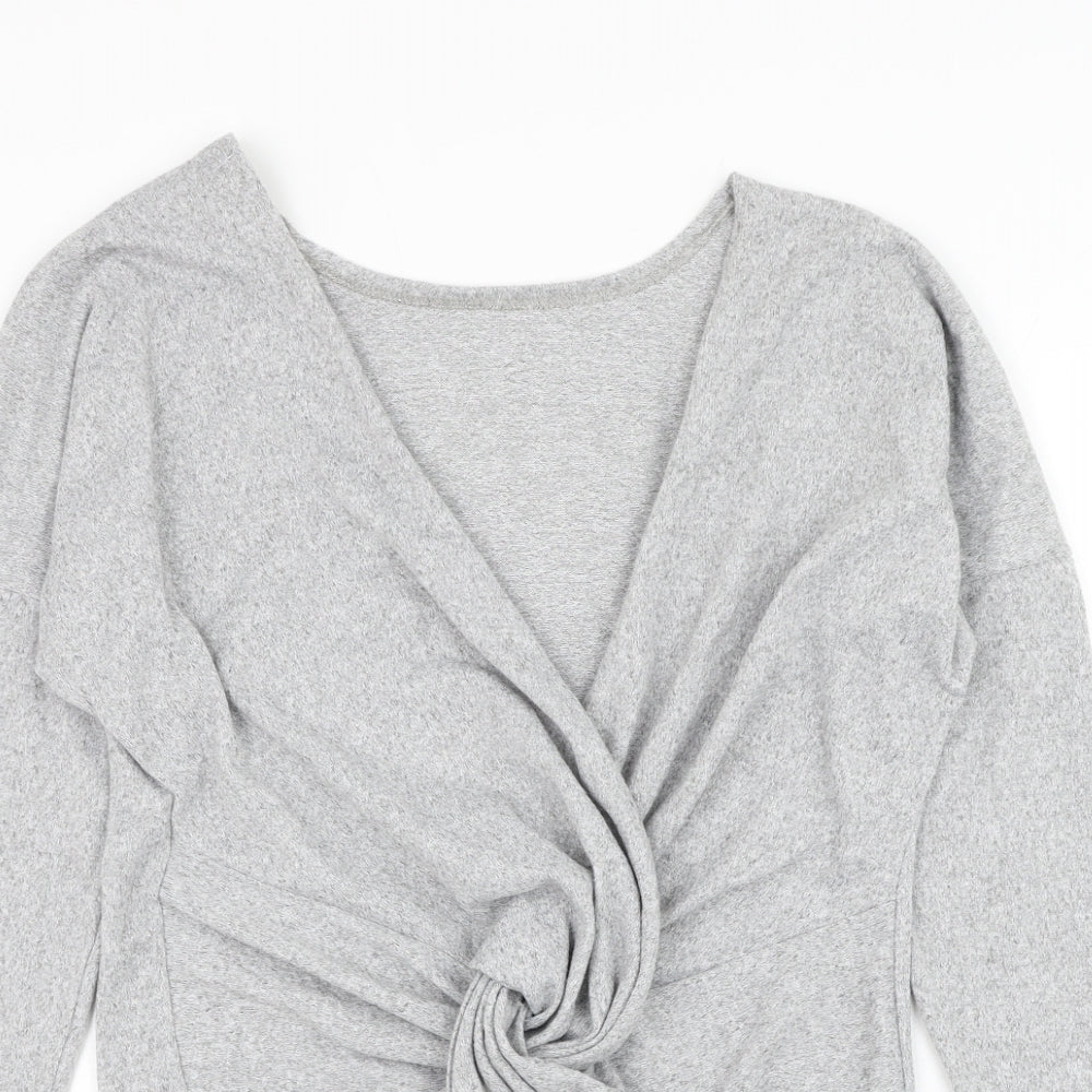 CBR Womens Grey V-Neck Polyester Cardigan Jumper Size S - Knot Front