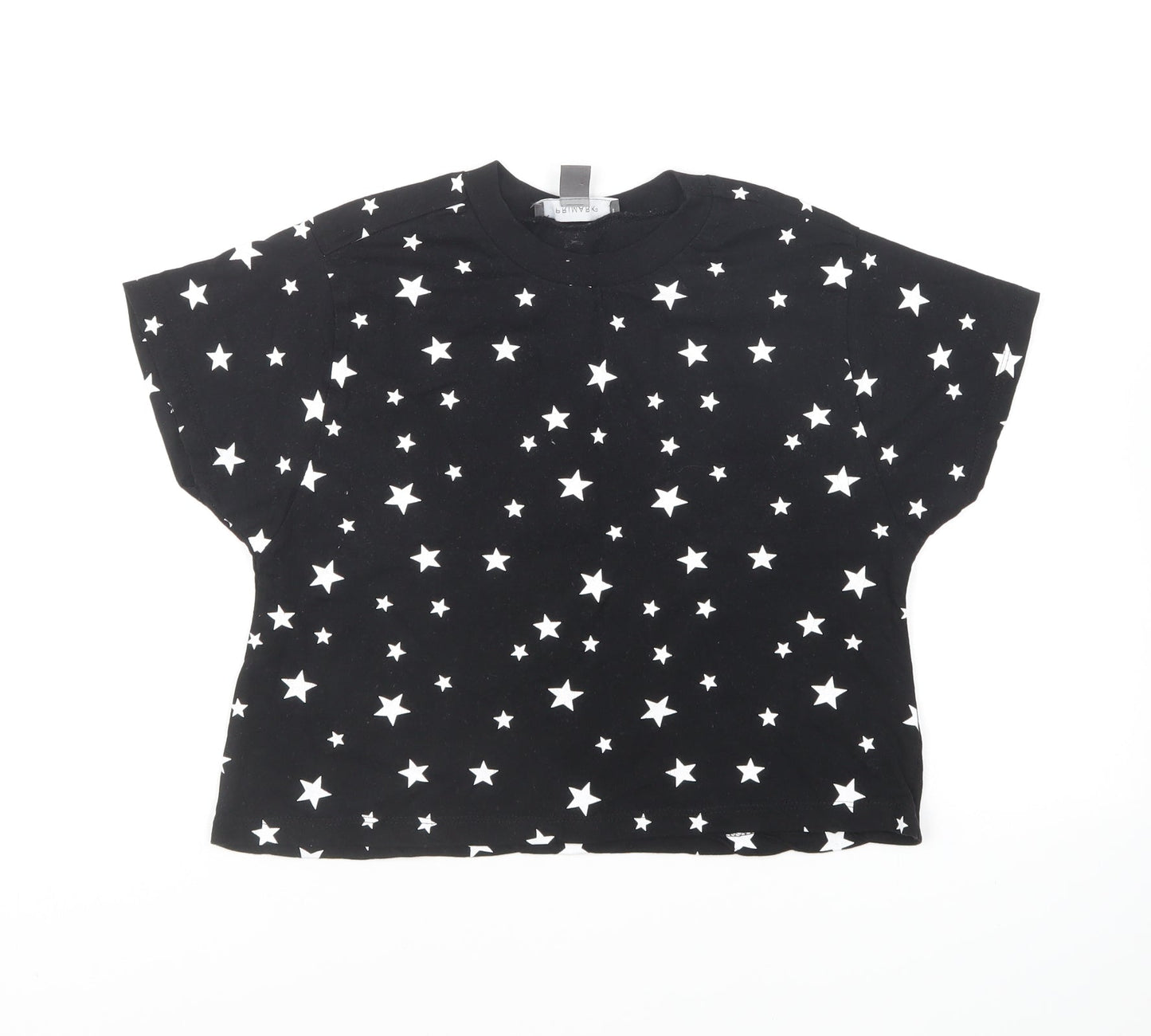 Primark Girls Black Geometric Cotton Cropped T-Shirt Size 2XS Round Neck Pullover - Star Print