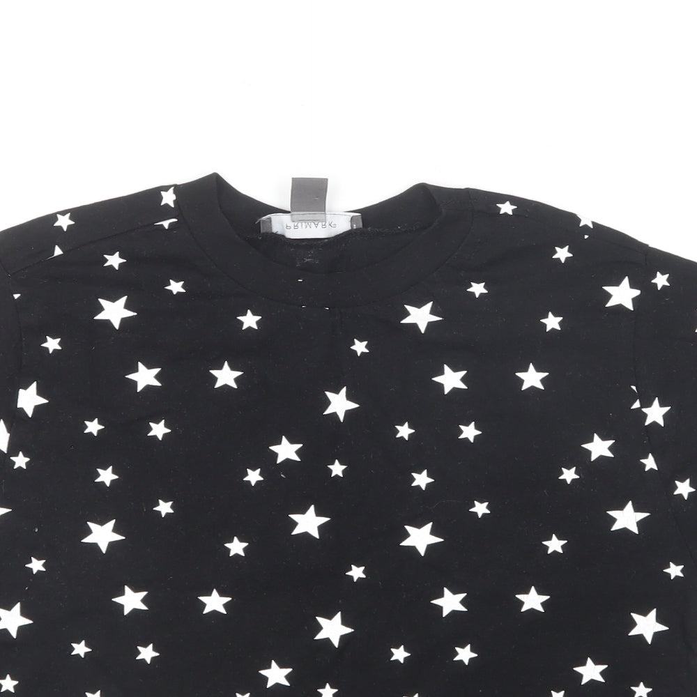 Primark Girls Black Geometric Cotton Cropped T-Shirt Size 2XS Round Neck Pullover - Star Print