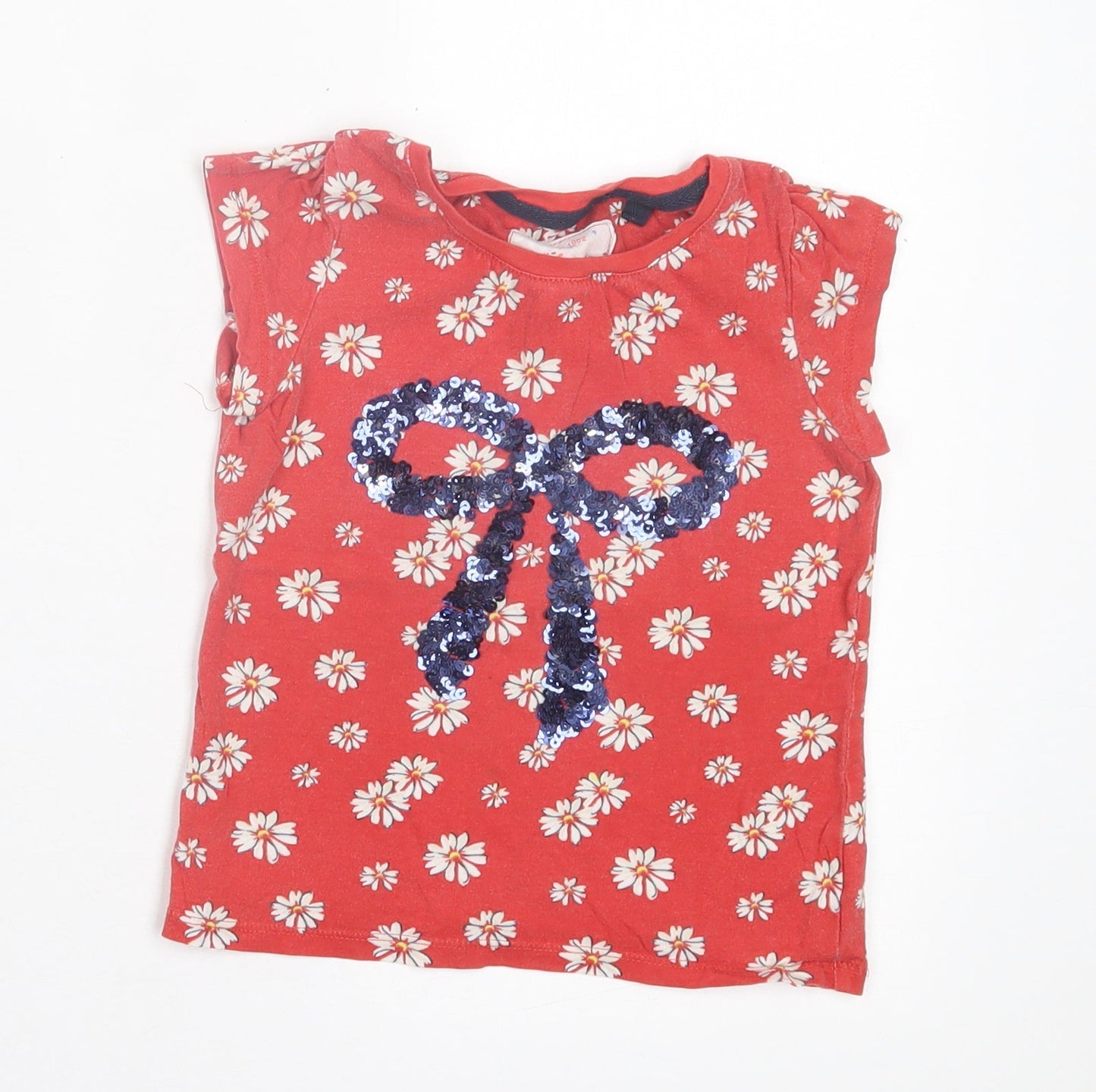 NEXT Girls Red Floral Cotton Basic T-Shirt Size 4 Years Crew Neck Pullover