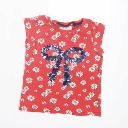 NEXT Girls Red Floral Cotton Basic T-Shirt Size 4 Years Crew Neck Pullover