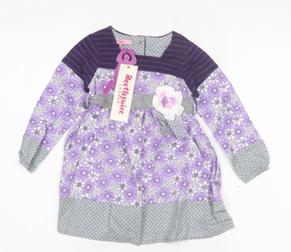 Beetlejuice London Girls Purple Floral Cotton A-Line Size 3 Years Crew Neck Button