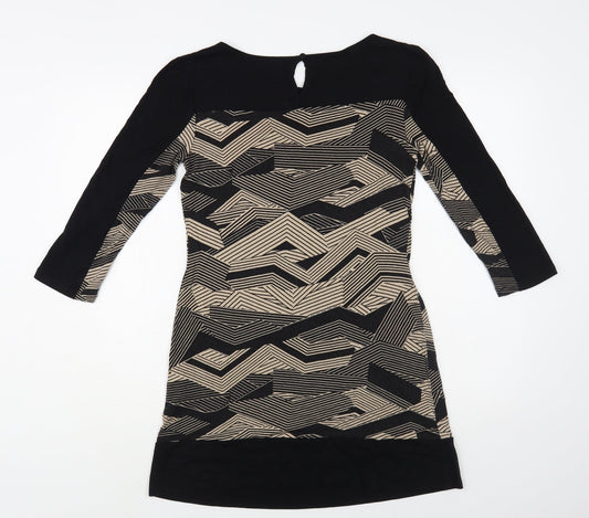 Principles Womens Black Geometric Viscose A-Line Size 12 Boat Neck Button