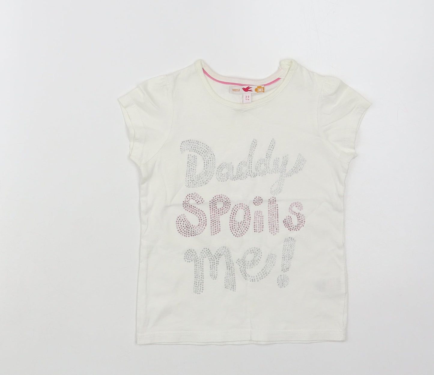Marks and Spencer Girls White Cotton Pullover T-Shirt Size 2-3 Years Crew Neck Snap - Daddy Spoils Me