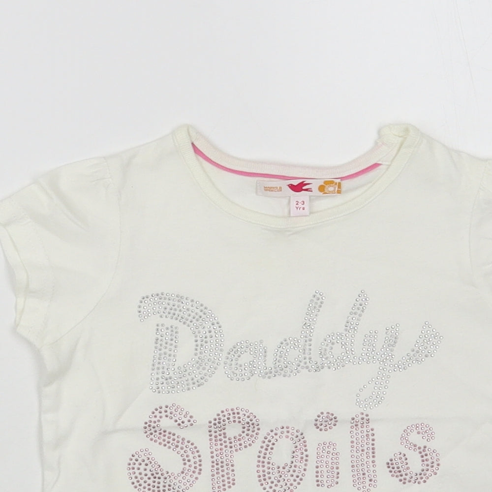 Marks and Spencer Girls White Cotton Pullover T-Shirt Size 2-3 Years Crew Neck Snap - Daddy Spoils Me