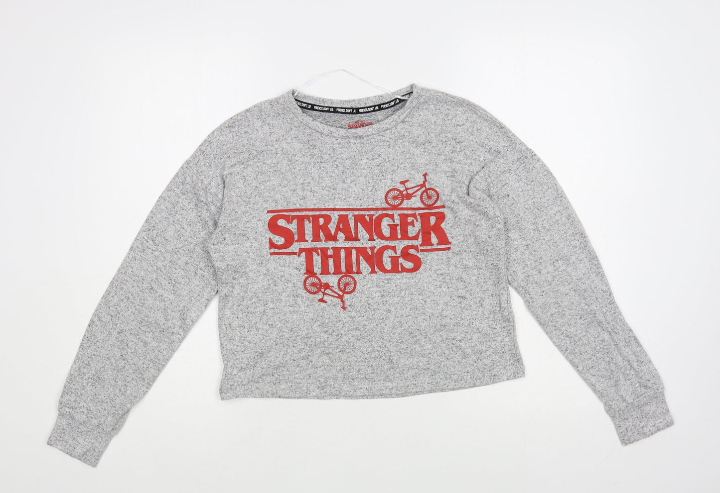 Primark Womens Grey Viscose Cropped T-Shirt Size 6 Crew Neck - Stranger Things