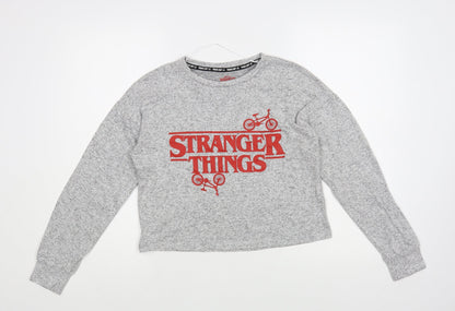 Primark Womens Grey Viscose Cropped T-Shirt Size 6 Crew Neck - Stranger Things