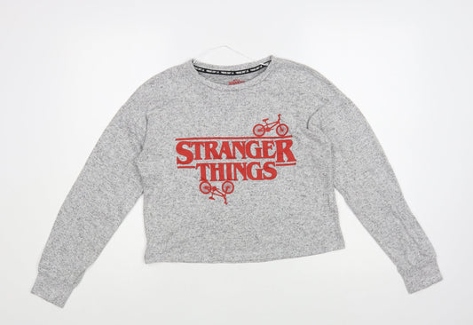 Primark Womens Grey Viscose Cropped T-Shirt Size 6 Crew Neck - Stranger Things