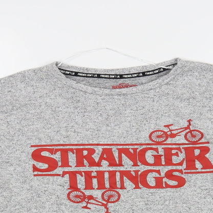 Primark Womens Grey Viscose Cropped T-Shirt Size 6 Crew Neck - Stranger Things