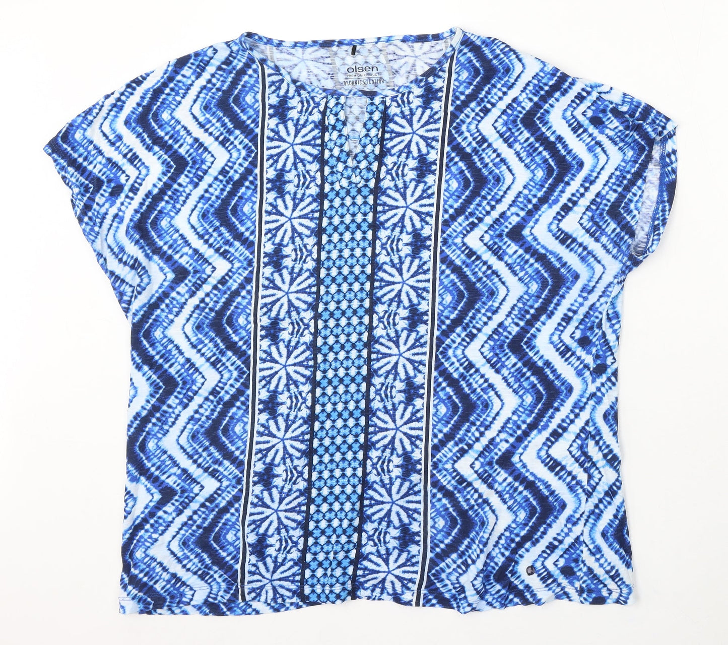 Olsen Womens Blue Geometric Polyester Basic Blouse Size L Round Neck