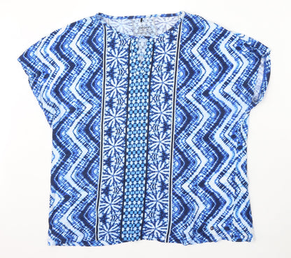 Olsen Womens Blue Geometric Polyester Basic Blouse Size L Round Neck