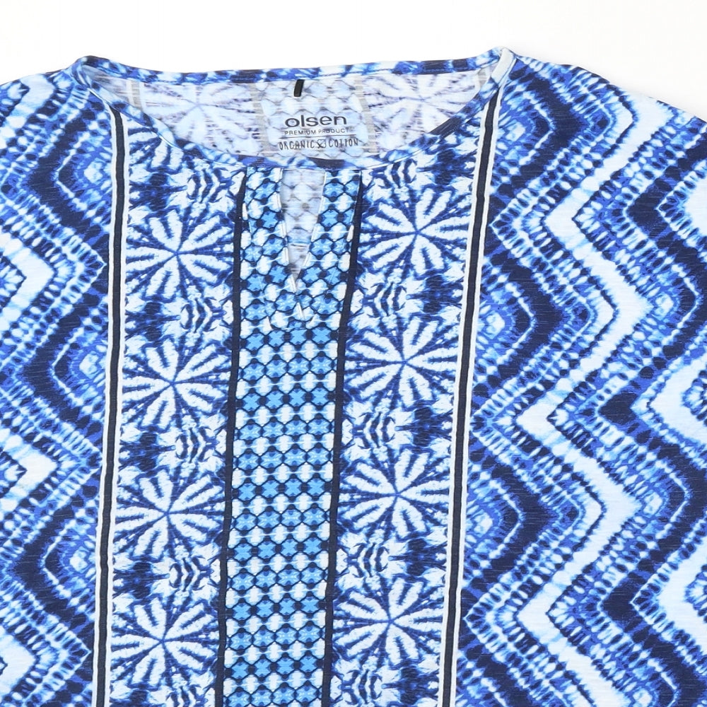 Olsen Womens Blue Geometric Polyester Basic Blouse Size L Round Neck