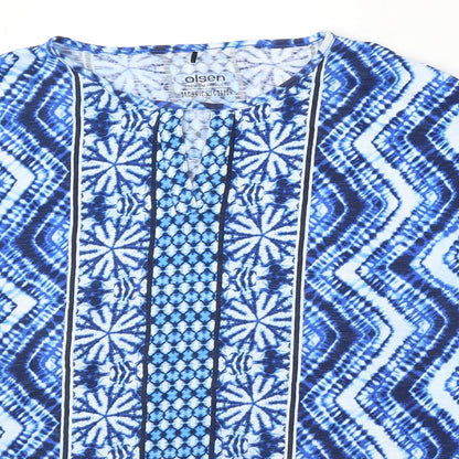 Olsen Womens Blue Geometric Polyester Basic Blouse Size L Round Neck