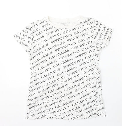 Primark Womens White Geometric Cotton Basic T-Shirt Size 4 Round Neck - Calabasas
