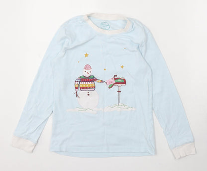 Leigh Tucker Girls Blue Cotton Basic T-Shirt Size 10-11 Years Round Neck - Christmas Snowman