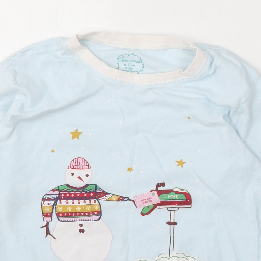 Leigh Tucker Girls Blue Cotton Basic T-Shirt Size 10-11 Years Round Neck - Christmas Snowman