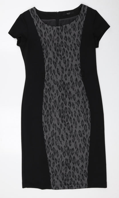 BHS Womens Black Animal Print Polyester Sheath Size 10 Round Neck Zip - Leopard Print