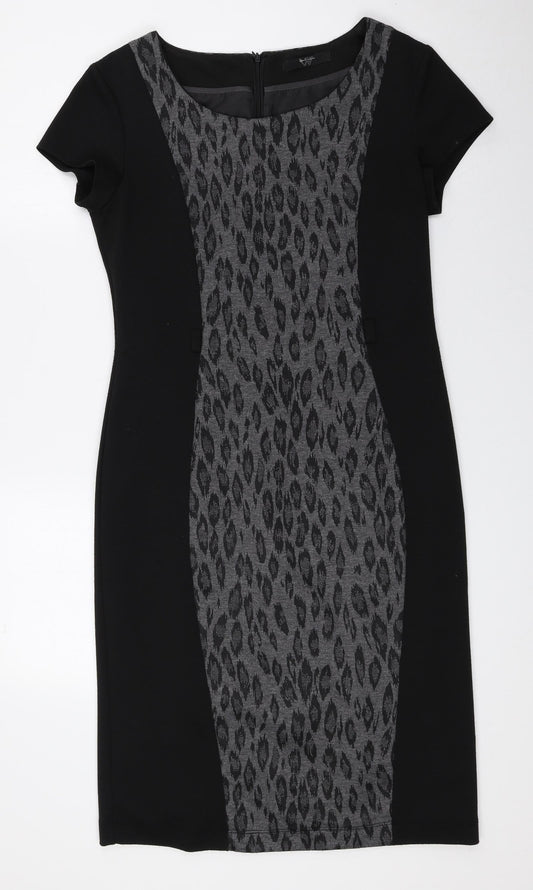 BHS Womens Black Animal Print Polyester Sheath Size 10 Round Neck Zip - Leopard Print