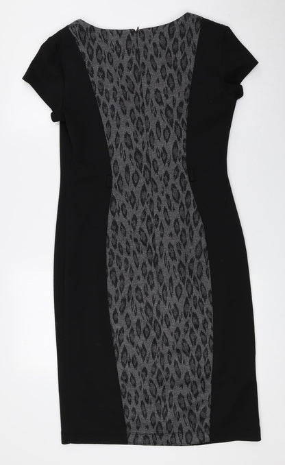 BHS Womens Black Animal Print Polyester Sheath Size 10 Round Neck Zip - Leopard Print