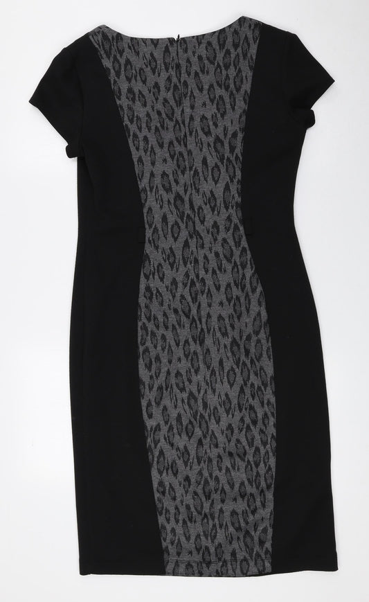 BHS Womens Black Animal Print Polyester Sheath Size 10 Round Neck Zip - Leopard Print