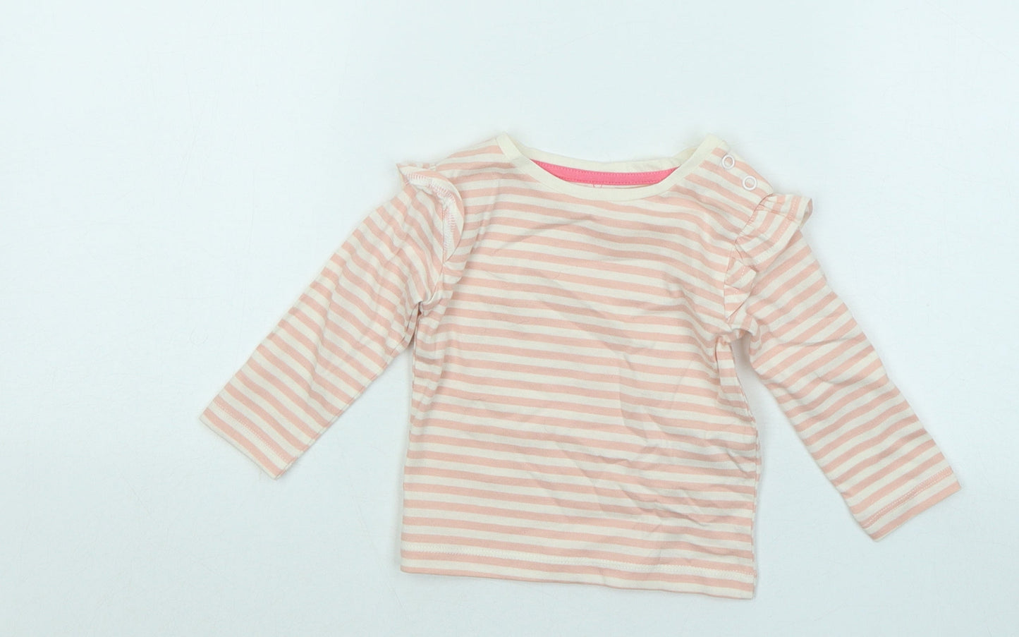 Mothercare Girls Pink Striped Cotton Basic T-Shirt Size 3-6 Months Round Neck Snap