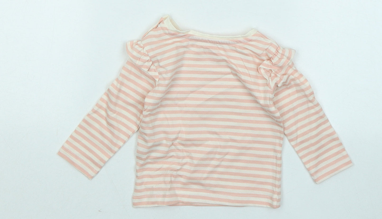 Mothercare Girls Pink Striped Cotton Basic T-Shirt Size 3-6 Months Round Neck Snap