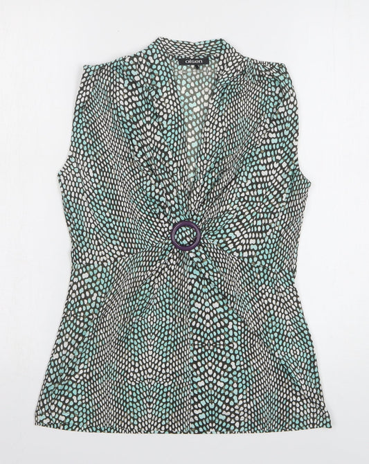 Olsen Womens Green Geometric Polyamide Basic Button-Up Size 10 V-Neck