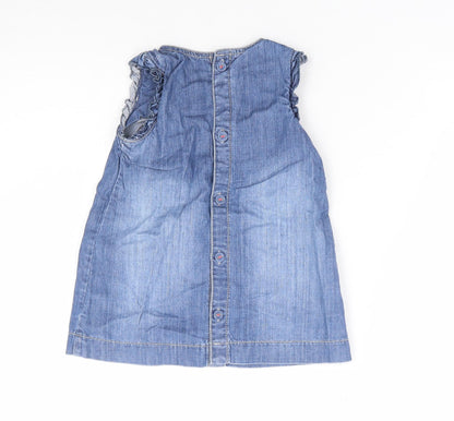 Marks and Spencer Girls Blue 100% Cotton A-Line Size 6-9 Months Round Neck Button - Love Heart
