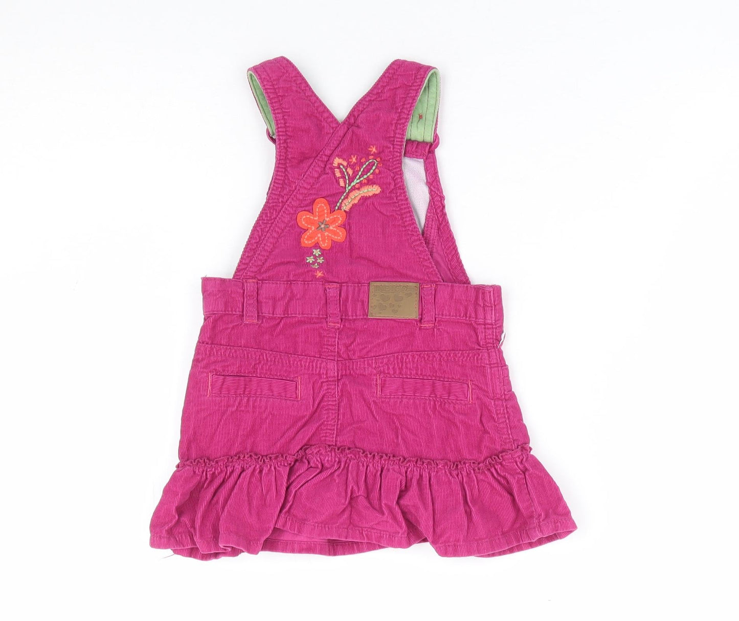 Marks and Spencer Girls Purple Floral 100% Cotton Pinafore/Dungaree Dress Size 6-9 Months Square Neck Button