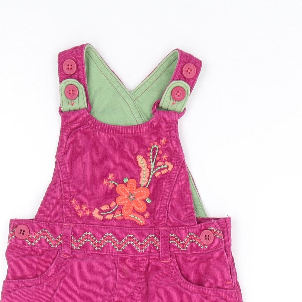 Marks and Spencer Girls Purple Floral 100% Cotton Pinafore/Dungaree Dress Size 6-9 Months Square Neck Button