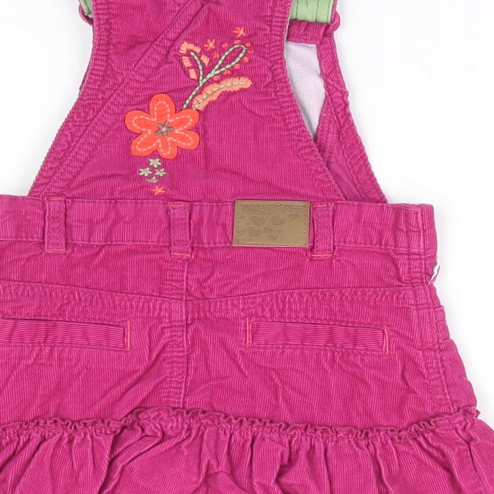 Marks and Spencer Girls Purple Floral 100% Cotton Pinafore/Dungaree Dress Size 6-9 Months Square Neck Button
