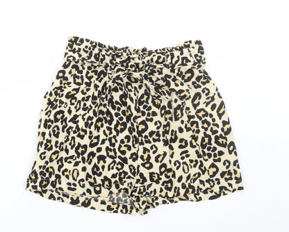Primark Womens Brown Animal Print Viscose Paperbag Shorts Size 4 Regular Tie - Leopard Print
