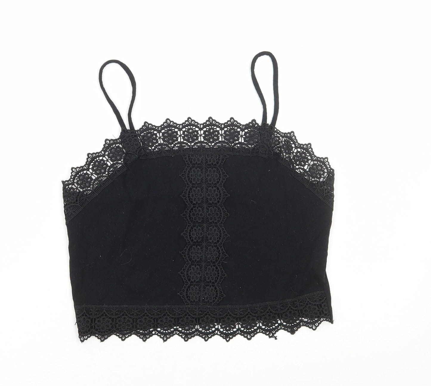 Primark Womens Black Cotton Camisole T-Shirt Size XS Square Neck - Lace Detail