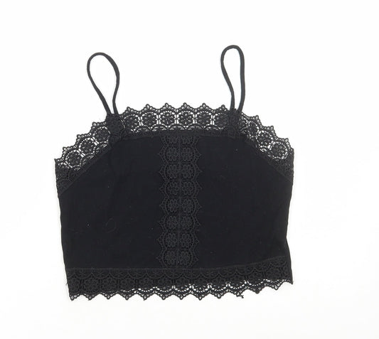 Primark Womens Black Cotton Camisole T-Shirt Size XS Square Neck - Lace Detail
