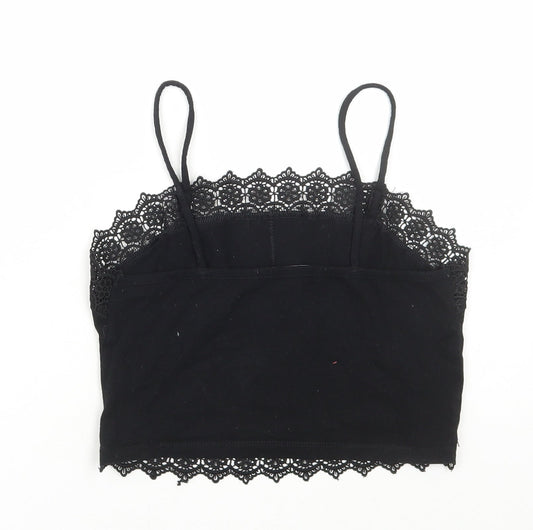 Primark Womens Black Cotton Camisole T-Shirt Size XS Square Neck - Lace Detail