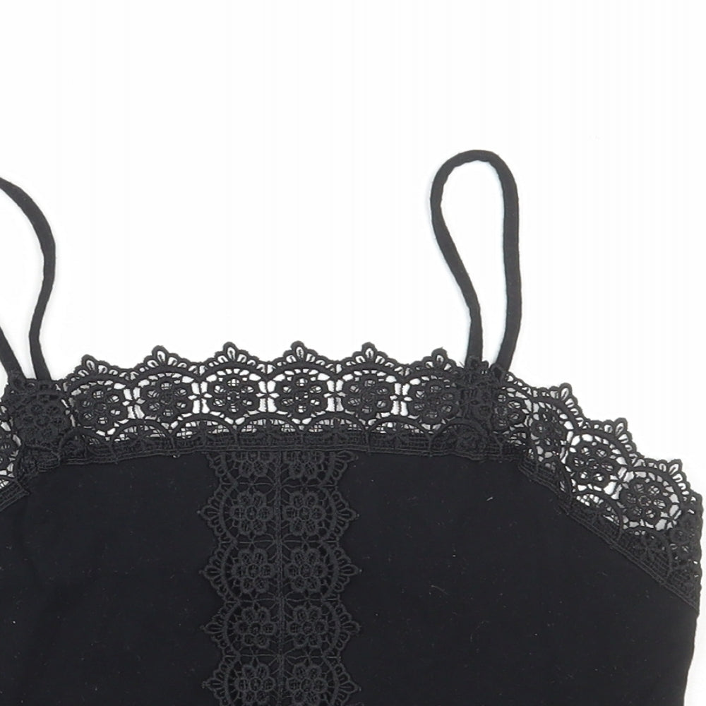 Primark Womens Black Cotton Camisole T-Shirt Size XS Square Neck - Lace Detail