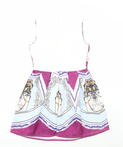 CRFS Womens Multicoloured Geometric Polyester Skater Dress Size S Round Neck Zip
