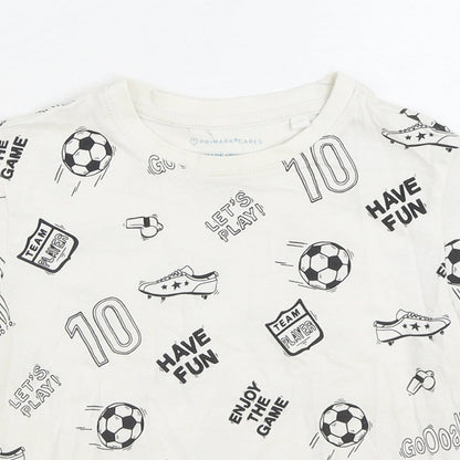 Primark Boys White Geometric 100% Cotton Basic T-Shirt Size 4-5 Years Round Neck Pullover - Football Print
