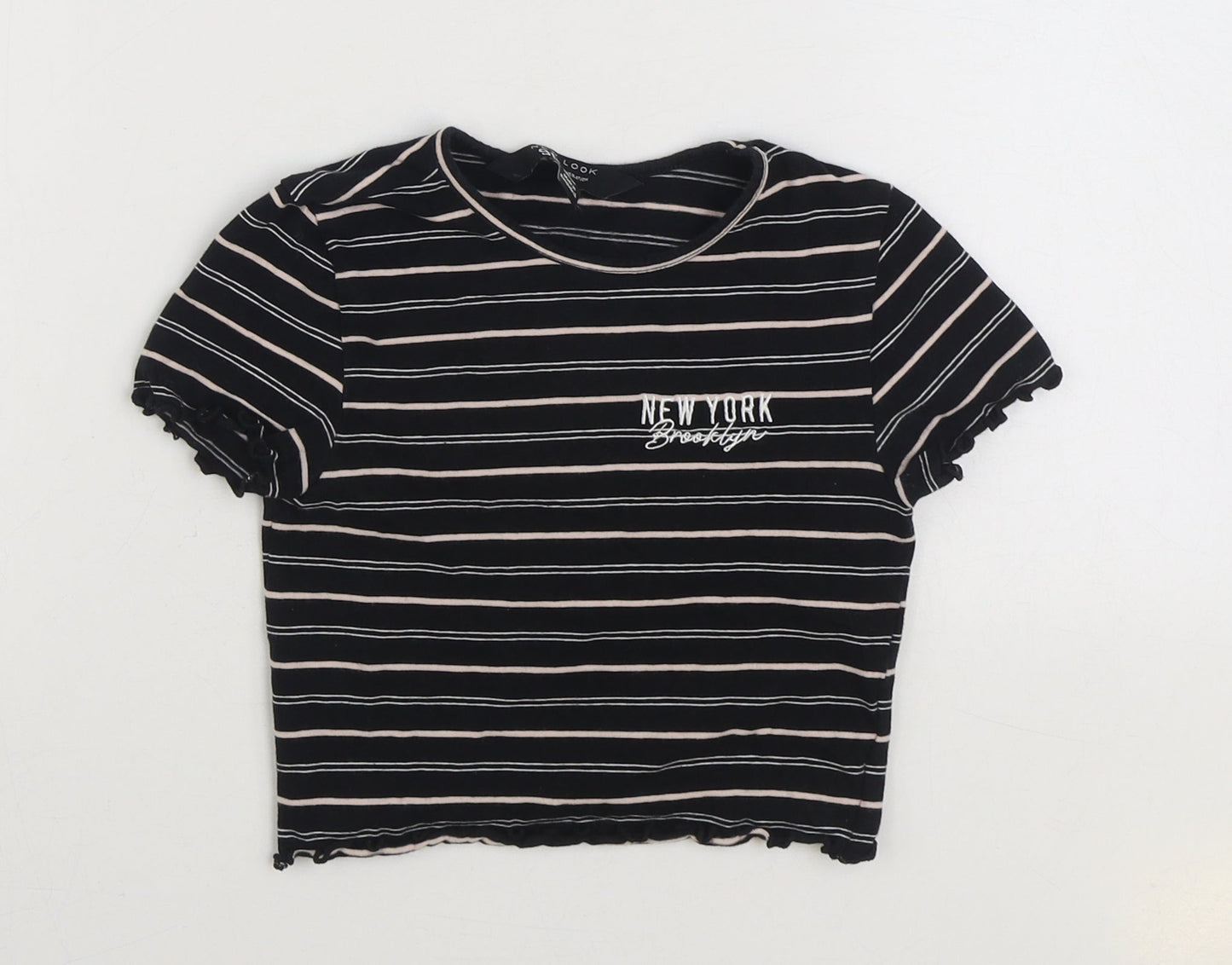 915 Generation Girls Black Striped Cotton Basic T-Shirt Size 9 Years Round Neck Pullover - New York Cropped
