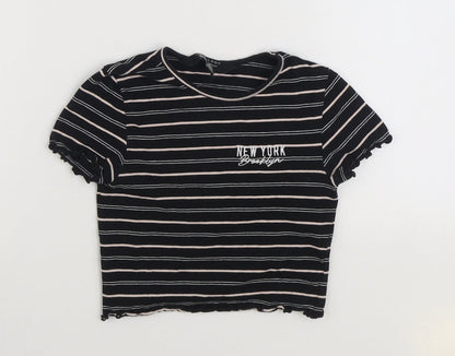 915 Generation Girls Black Striped Cotton Basic T-Shirt Size 9 Years Round Neck Pullover - New York Cropped