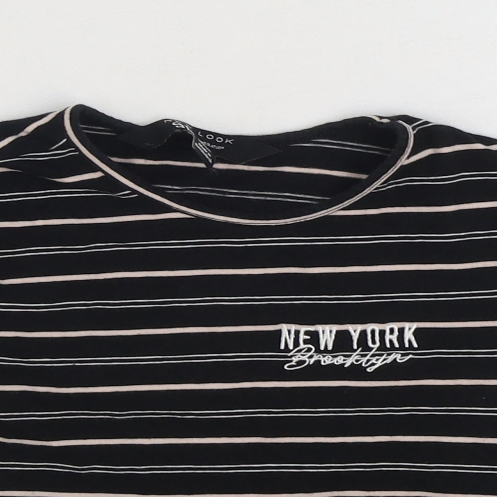 915 Generation Girls Black Striped Cotton Basic T-Shirt Size 9 Years Round Neck Pullover - New York Cropped