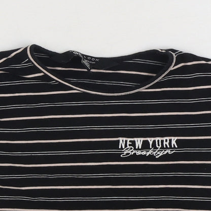 915 Generation Girls Black Striped Cotton Basic T-Shirt Size 9 Years Round Neck Pullover - New York Cropped