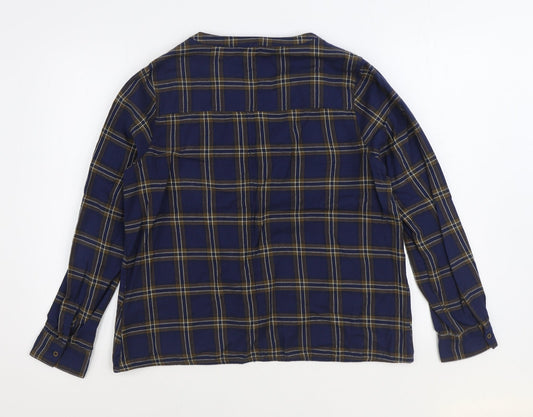 Label Lab Womens Blue Plaid 100% Cotton Basic Blouse Size 12 V-Neck