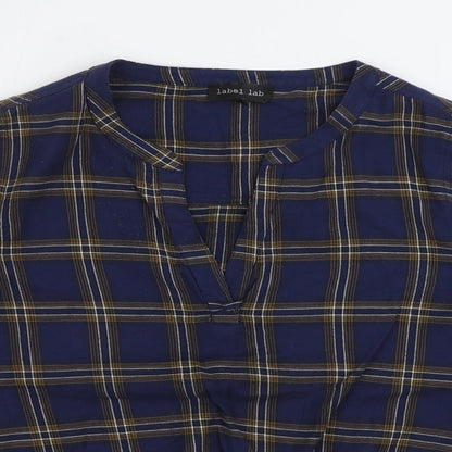Label Lab Womens Blue Plaid 100% Cotton Basic Blouse Size 12 V-Neck