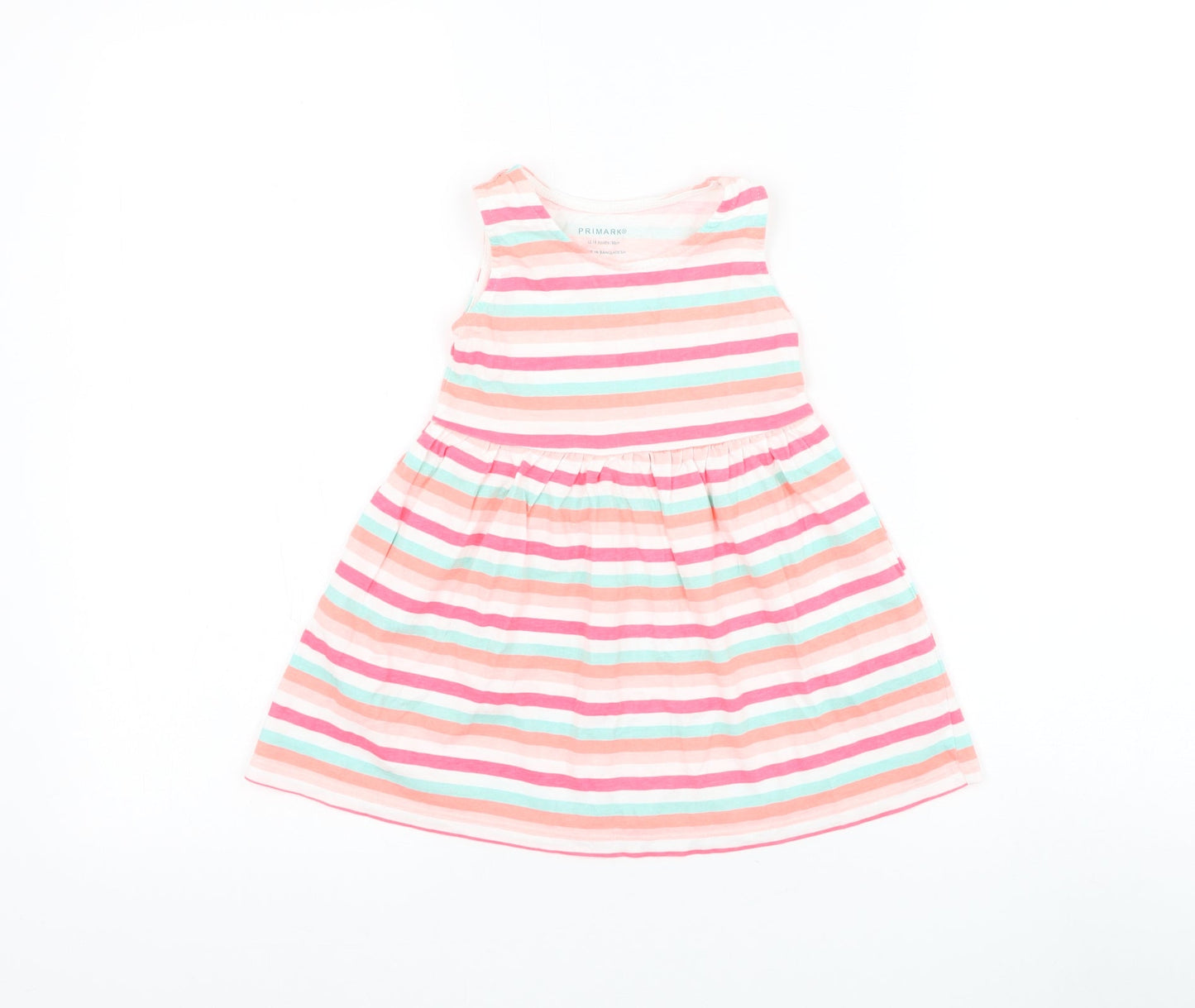 Primark Girls Multicoloured Striped Cotton Skater Dress Size 12-18 Months Round Neck Pullover