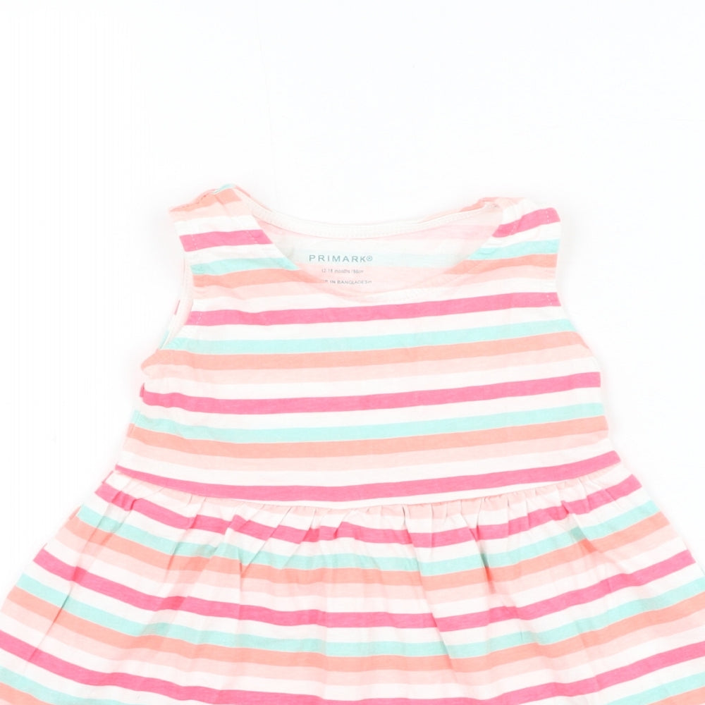 Primark Girls Multicoloured Striped Cotton Skater Dress Size 12-18 Months Round Neck Pullover